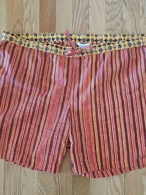 Sundance Women’s Burgundy Orange Stripe Boho Pull On Drawstring Shorts Sz XL